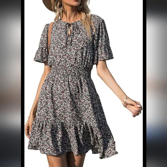 prettygarden Dresses & Skirts - PRETTYGARDEN Women's Summer Boho Dress Casual Short Sleeve Ruffle Floral sz L